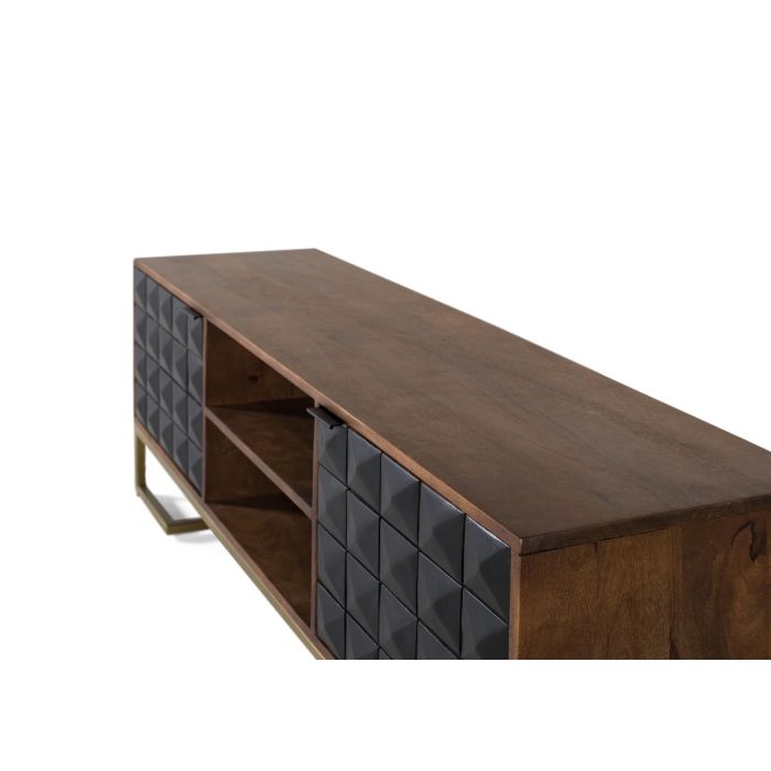GINER Y COLOMER - Buffet TV en bois de manguier et fer doré, finition noisette et noir, portes avec motif géométrique, dimensions 150 cm 3