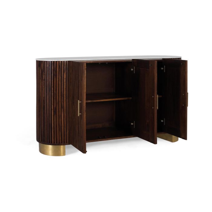 GINER Y COLOMER - Buffet avec côtés courbés en bois de manguier couleur noyer 150 cm, plan de travail en marbre synthétique blanc, poignées dorées 2 GINER Y COLOMER - Buffet avec côtés courbés en bois de manguier couleur noyer 150 cm, plan de travail en marbre synthétique blanc, poignées dorées 2