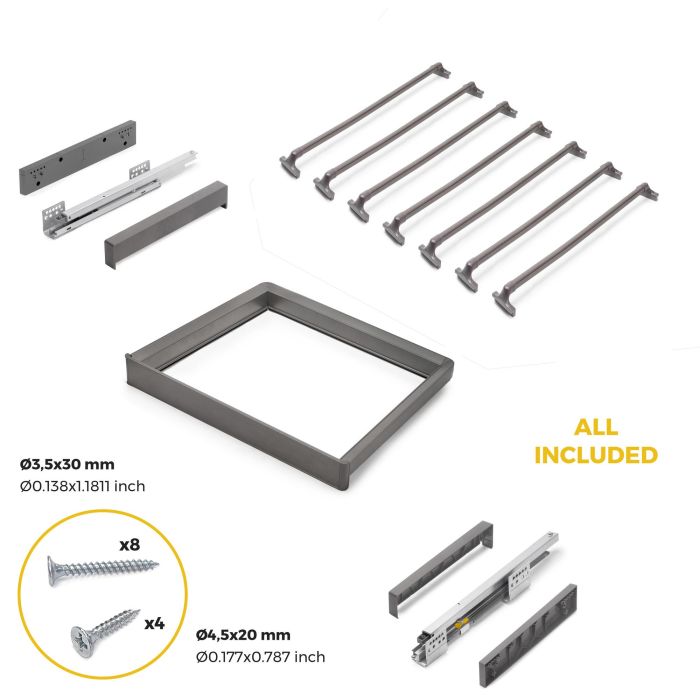 Emuca Kit de porte-pantalon à 7tringles et rack ajustable Quartz pour armoires, glissières extension totale et à fermeture douce, Module 60cm, Finition Titane 5