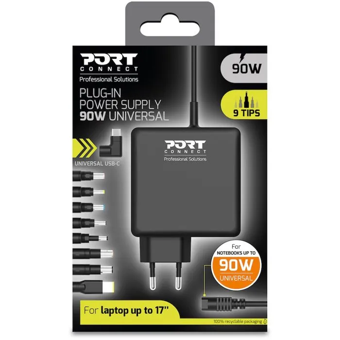 Port Designs Alimentation PC Universelle - 9 embouts compatibles Lenovo, Dell, HP, Asus, Toshiba + USB-C - 90W - Protection contre les surtensions
