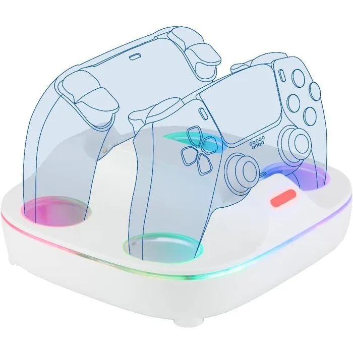 Konix Station de Recharge pour 2 Manettes DualSense PS5 - Charge Rapide en 3h - Connecteurs Magnétiques - Éclairage RGB - Blanc Konix Station de Recharge pour 2 Manettes DualSense PS5 - Charge Rapide en 3h - Connecteurs Magnétiques - Éclairage RGB - Blanc