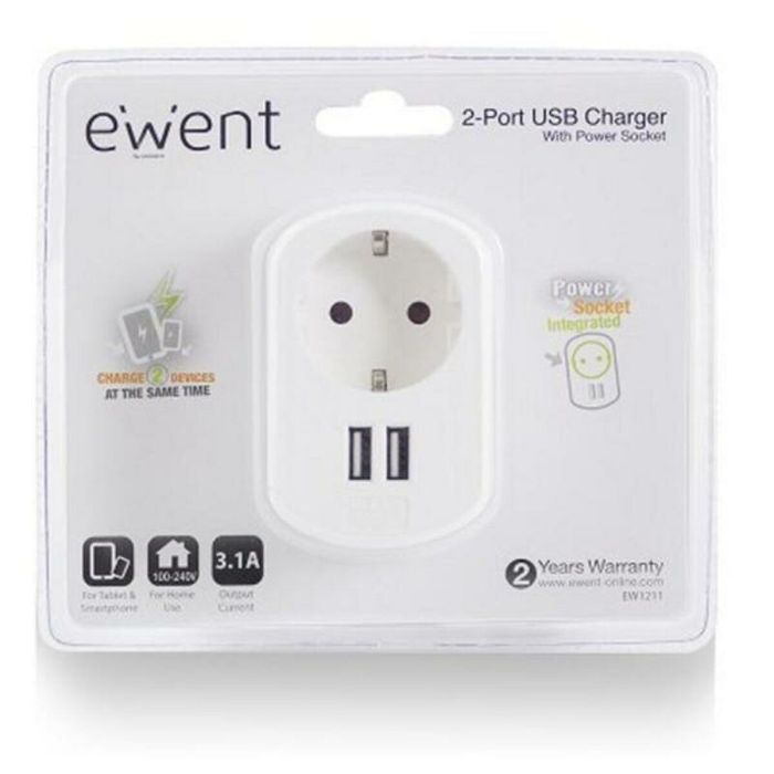 Prise Murale avec 2 Ports USB Ewent EW1211 3,1 A 1 Prise Murale avec 2 Ports USB Ewent EW1211 3,1 A 1