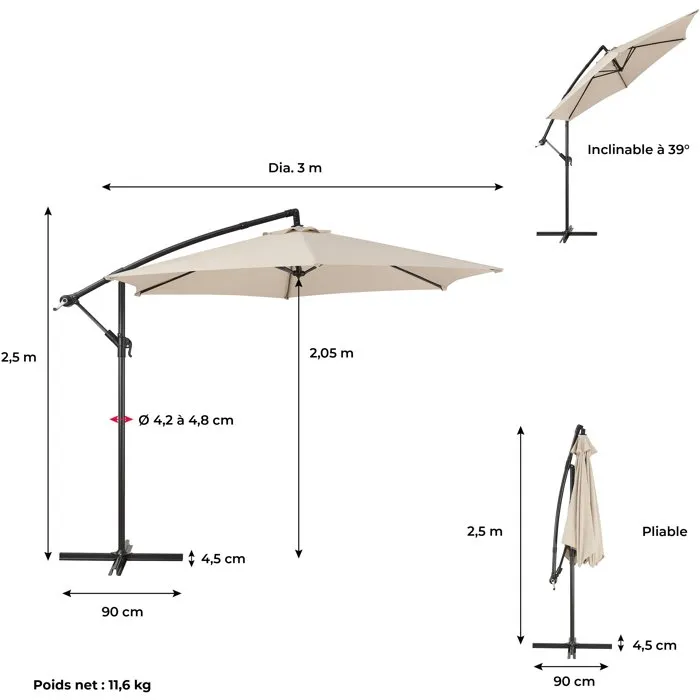 AUREA Parasol déporté Ø 3 m - Structure aluminium, toile polyester 180 g/m² - Crème - 6 baleines acier, ouverture par manivelle AUREA Parasol déporté Ø 3 m - Structure aluminium, toile polyester 180 g/m² - Crème - 6 baleines acier, ouverture par manivelle