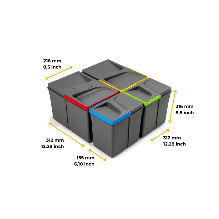 Emuca Poubelles pour tiroir de cuisine Recycle avec couvercle anti-odeurs, Hauteur 216mm, 2x12litres, 2x6litres, Plastique gris antracite 7