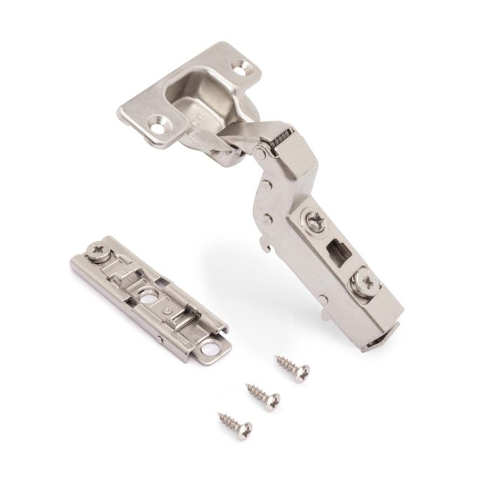 Emuca Lot de 20 charnières super coudées X91 à fermeture amortie avec embases droite à visser, Hauteur 1, Acier, Nickelé 1