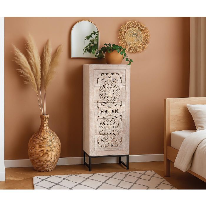 GINER Y COLOMER - Buffet commode 5 tiroirs en bois de manguier avec base en fer, couleur blanc vieilli et gris, dimensions 105 x 45 x 35 cm 7