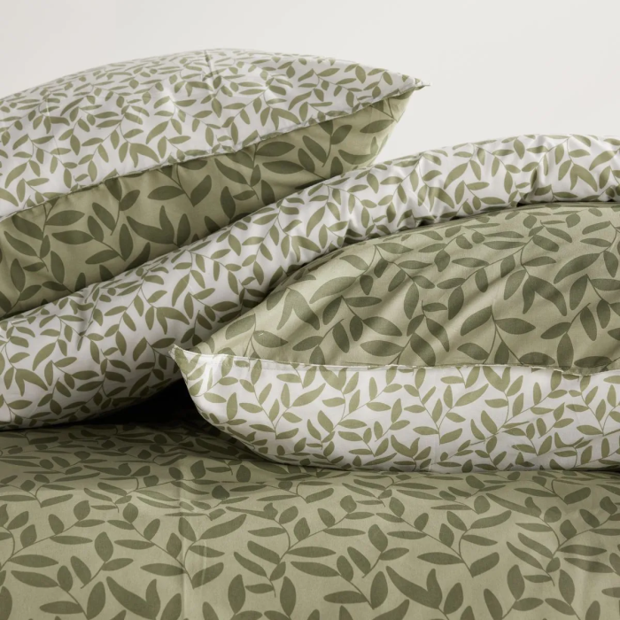 Today - Parure de lit 2 personnes Sunshine - Imprimé floral vert - Housse de couette 220x240 cm et 2 taies 63x63 cm - Coton