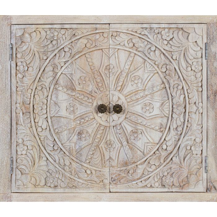 GINER Y COLOMER Buffet 4 portes en bois de manguier massif couleur sable fabriqué à la main - Avec sculptures et étagères intérieures 3 GINER Y COLOMER Buffet 4 portes en bois de manguier massif couleur sable fabriqué à la main - Avec sculptures et étagères intérieures 3