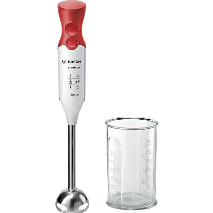 Bosch MSM64110 Mixeur plongeant ErgoMixx - 450W - Pied en inox - 4 lames aiguisées - 2 vitesses - Bol gradué 600 ml - Blanc et rouge Bosch MSM64110 Mixeur plongeant ErgoMixx - 450W - Pied en inox - 4 lames aiguisées - 2 vitesses - Bol gradué 600 ml - Blanc et rouge