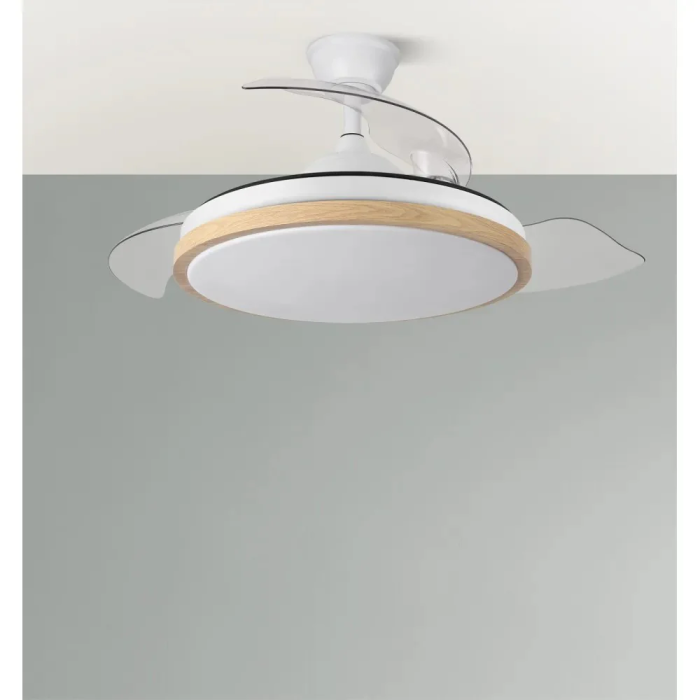 Evros 107d Ventilateur DC 59W 6980lm Blanc/Haya avec 3 Asps Dépliables 3000-4000-6000K Télécommande Intensité Temporisateur Mémoire 1