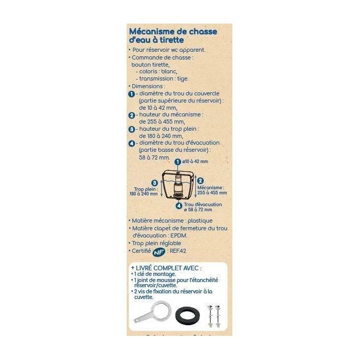 Mécanisme de chasse d'eau a tirette - ROUSSEAU - Certifié NF - Débit puissant 3,5 L/s - Réglable 255-455 mm 2