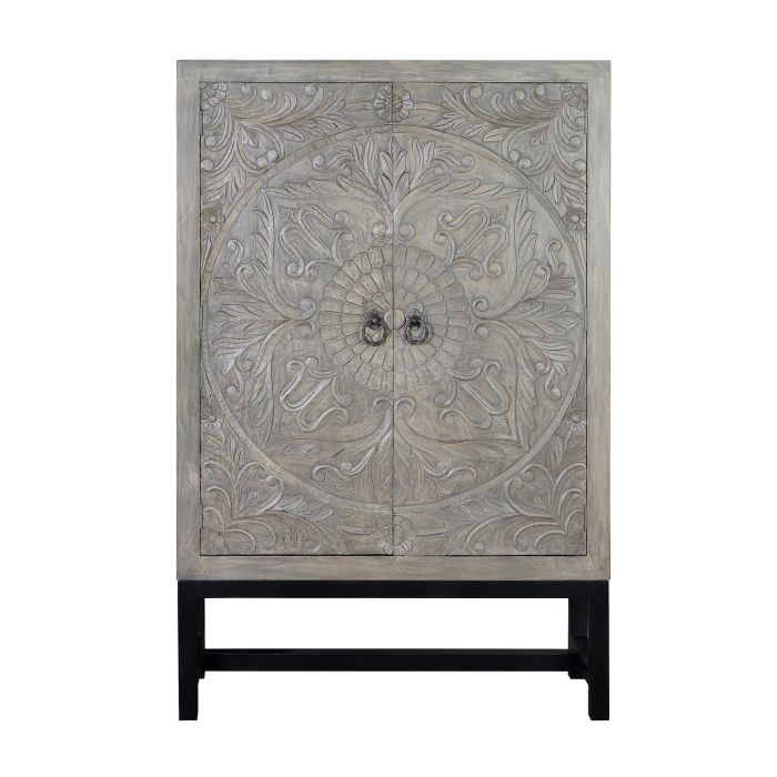 GINER Y COLOMER Armoire 2 portes en bois de manguier et métal patiné gris antiquité, avec soleil fleuri et étagères, 180 x 116 x 42 cm 1 GINER Y COLOMER Armoire 2 portes en bois de manguier et métal patiné gris antiquité, avec soleil fleuri et étagères, 180 x 116 x 42 cm 1
