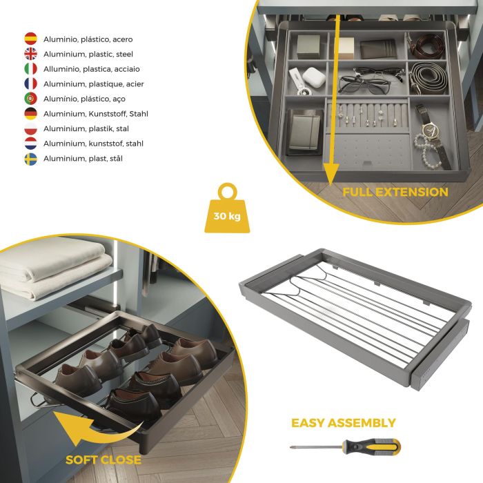 Emuca Kit tiroir à chaussures et rack ajustable Quartz pour armoires, glissières extension totale et à fermeture douce, Module 90cm, Finition Titane 6