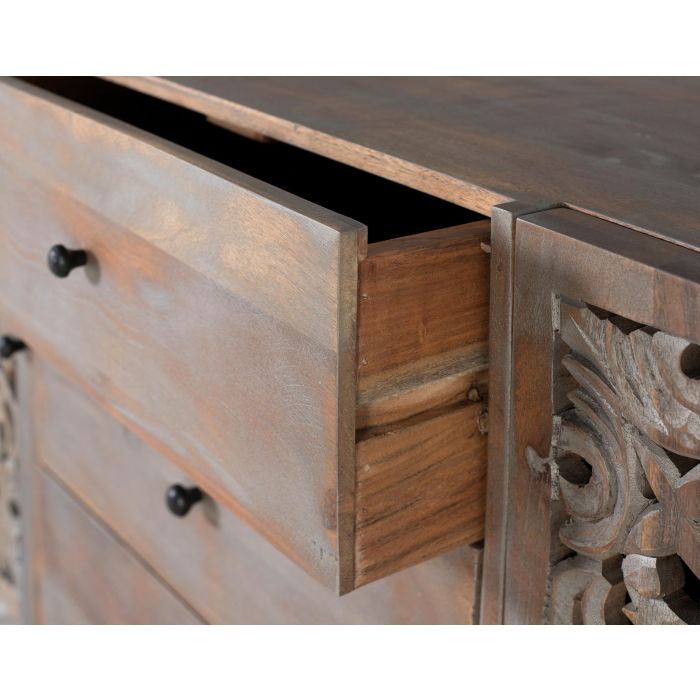 GINER Y COLOMER - Buffet en bois de manguier gris décapé avec deux portes latérales sculptées à la main et trois tiroirs, meuble vintage avec pieds tournés 5 GINER Y COLOMER - Buffet en bois de manguier gris décapé avec deux portes latérales sculptées à la main et trois tiroirs, meuble vintage avec pieds tournés 5