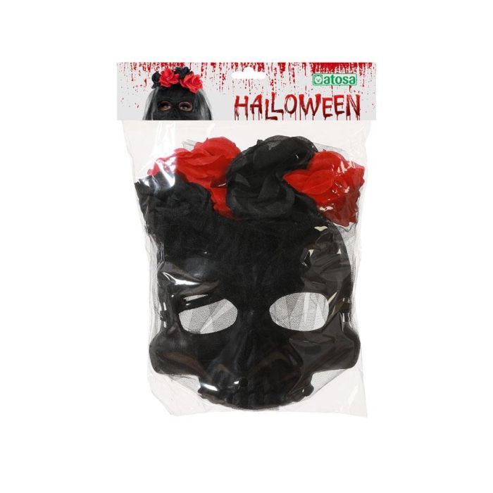 Masque Catrina Élégant Noir avec Fleurs et Voile - Masque de Crâne Moulé pour Fêtes, Día de Muertos et Spectacles