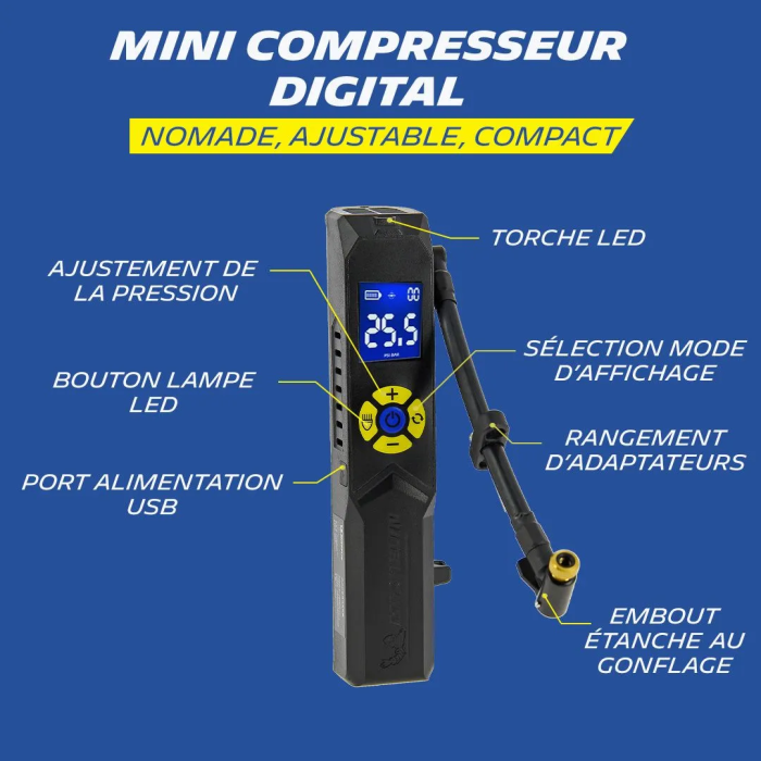 Michelin - Pompe à air portable USB-C sans fil, compresseur mini électrique 10 bar pour voiture vélo, écran digital, batterie 2500mAh, débit 8L/min, housse incluse