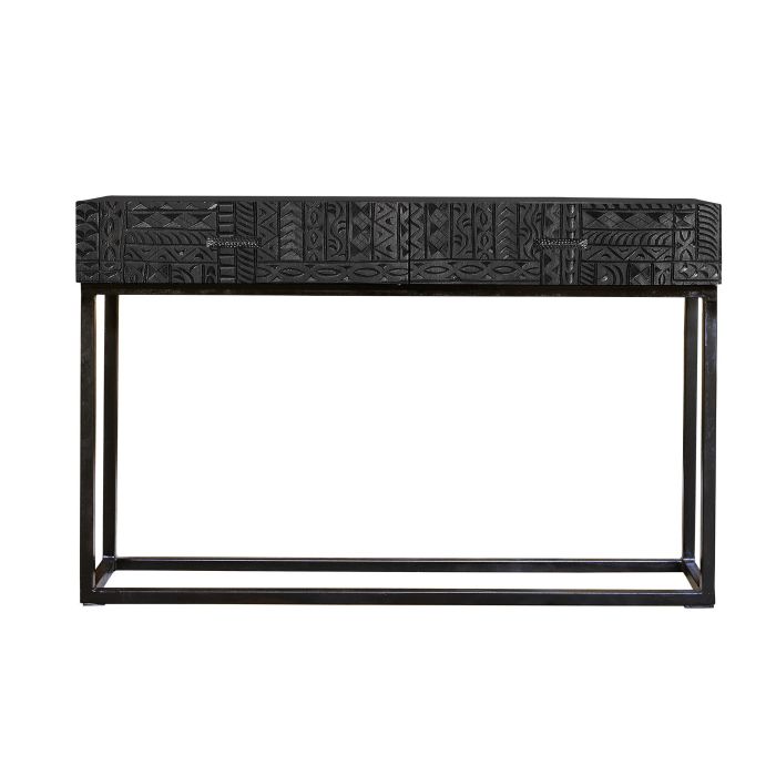 GINER Y COLOMER Meuble de réception en bois de manguier avec pattes métal noir, 2 tiroirs, sculptures artisanales, 76x120x30 cm 0 GINER Y COLOMER Meuble de réception en bois de manguier avec pattes métal noir, 2 tiroirs, sculptures artisanales, 76x120x30 cm 0