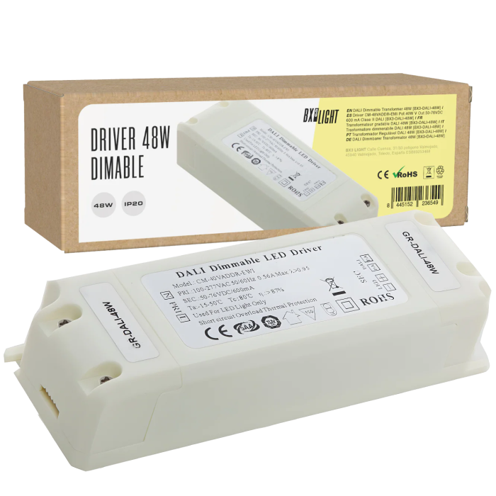 BX3 LIGHT Driver LED CM-48VADDR-EMI 40W, sortie 50-76VDC 600mA, DALI Classe II avec filtre EMI, pour éclairage LED professionnel BX3 LIGHT Driver LED CM-48VADDR-EMI 40W, sortie 50-76VDC 600mA, DALI Classe II avec filtre EMI, pour éclairage LED professionnel