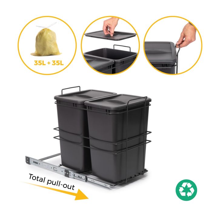 Emuca poubelle de recyclage pour montage inférieur et extraction manuelle pour meuble de cuisine Recycle 2x35litres, Plastique gris anthracite 7