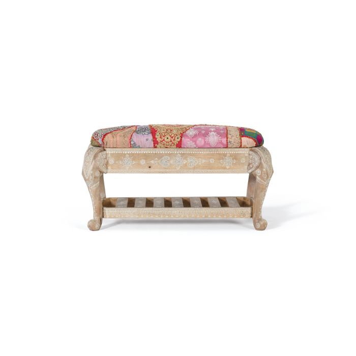 GINER Y COLOMER Banc en bois de manguier avec tissu patchwork multicolore - Style ancien blanc - Dimensions 45x90x38 cm 0 GINER Y COLOMER Banc en bois de manguier avec tissu patchwork multicolore - Style ancien blanc - Dimensions 45x90x38 cm 0