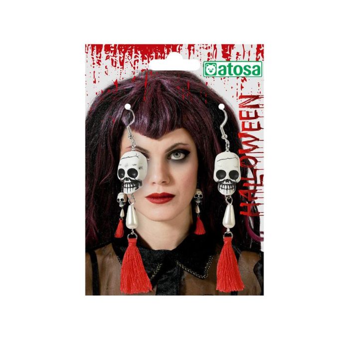 Pendientes Largos Calavera, Perles et Pompons Rouges, Boucles d'Oreilles pour Déguisement Catrina, Halloween et Événements