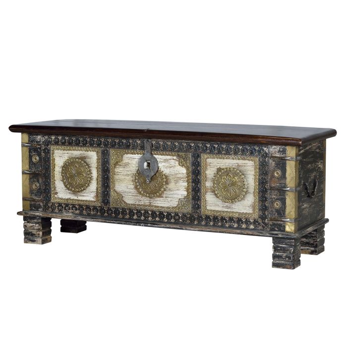 GINER Y COLOMER - Coffre de rangement en bois de manguier massif avec détails en bronze, finition noir vieilli et cerise, 46x116x40 cm 0 GINER Y COLOMER - Coffre de rangement en bois de manguier massif avec détails en bronze, finition noir vieilli et cerise, 46x116x40 cm 0