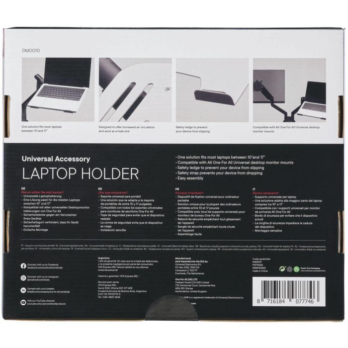 Support pour ordinateur portable - ONE FOR ALL - Vesa 75 - 10 a 17'' max - 9 kgs max - Rebord et sangle de sécurité 4