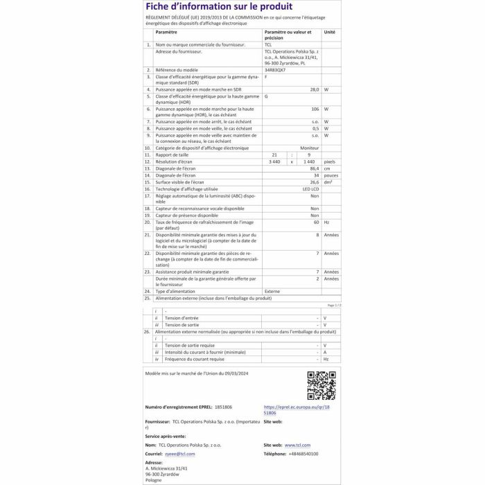 Écran TCL 34R83Q LCD 37" 17