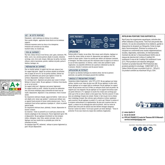 Ripolin - Peinture multi-supports Blanc Mat 2L - Pour bois, métal, béton, PVC - Résiste aux UV et intempéries