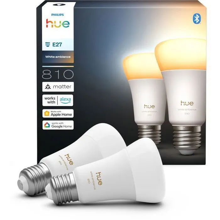 Philips Hue - Ampoules LED Connectées A60 E27 6W Blanc Chaud à Blanc Froid 1000-2000K 810 lm - Pack de 2 Philips Hue - Ampoules LED Connectées A60 E27 6W Blanc Chaud à Blanc Froid 1000-2000K 810 lm - Pack de 2