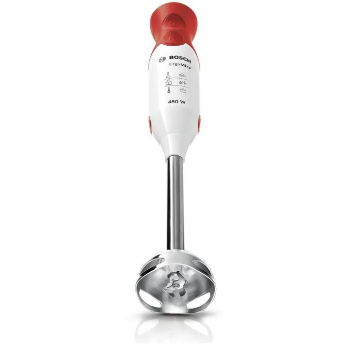 Bosch MSM64110 Mixeur plongeant ErgoMixx - 450W - Pied en inox - 4 lames aiguisées - 2 vitesses - Bol gradué 600 ml - Blanc et rouge Bosch MSM64110 Mixeur plongeant ErgoMixx - 450W - Pied en inox - 4 lames aiguisées - 2 vitesses - Bol gradué 600 ml - Blanc et rouge