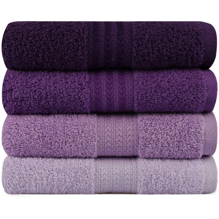 Ensemble de 4 serviettes de main en coton 100%, 50x90 cm, couleur violette - Lot de serviettes absorbantes et douces pour salle de bain