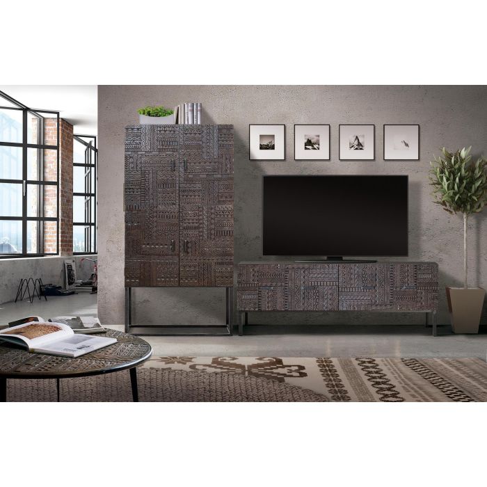 GINER Y COLOMER Vitrina - Buffet en bois de manguier massif avec pattes et poignées en fer noir, portes à hiéroglyphes sculptés, 176x90x40 cm 2 GINER Y COLOMER Vitrina - Buffet en bois de manguier massif avec pattes et poignées en fer noir, portes à hiéroglyphes sculptés, 176x90x40 cm 2