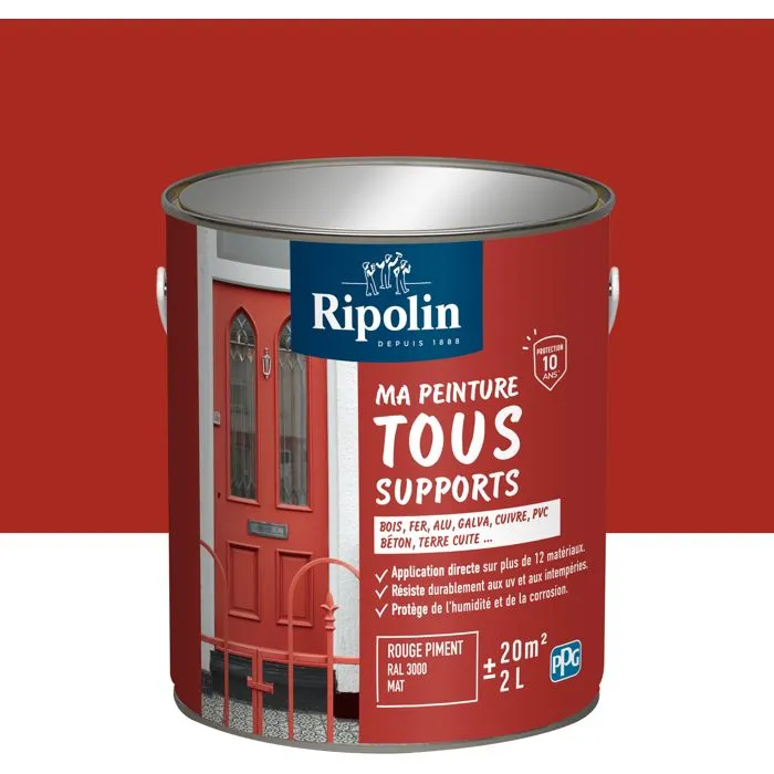 Ripolin - Peinture multi-supports rouge piment RAL 3000 mate - Protection UV, intempéries et corrosion - Pour bois, métal, béton, PVC - Pot de 2 litres