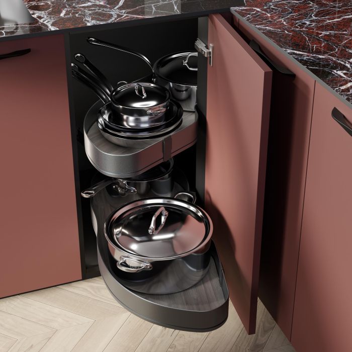 Emuca Systéme d’angle Lake Harmony pour meuble de cuisine, Gauche, Hauteur réglable, Acier et Bois, Gris anthracite 1