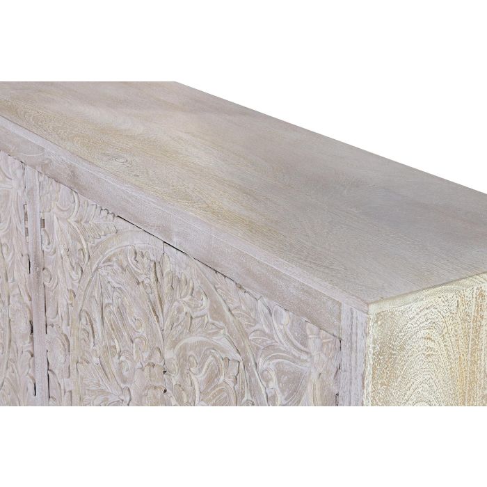 Giner y Colomer Buffet 4 portes en bois de manguier blanc vieilli avec intérieur à étagères, détails sculptés main - 158x38x85 cm environ 5 Giner y Colomer Buffet 4 portes en bois de manguier blanc vieilli avec intérieur à étagères, détails sculptés main - 158x38x85 cm environ 5