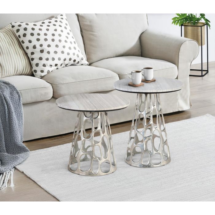 GINER Y COLOMER - Lot de 2 tables basses avec plateau circulaire en marbre et base en aluminium nickelé, gris et aluminium 2