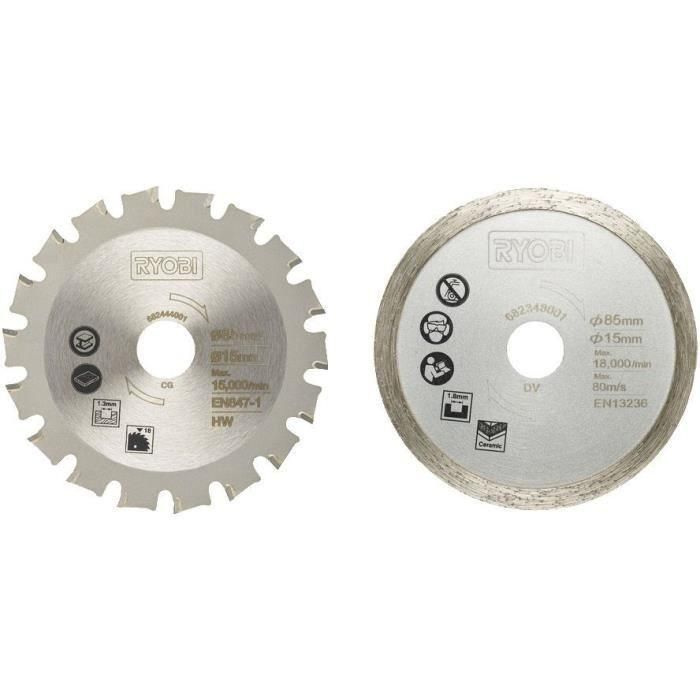 RYOBI - Kit 2 lames (1 lame pour bois/métal et 1 lame carrelage) 85 mm - alésage 15 mm pour scie multi-matériaux R18MMS - RAKMMS02K 2