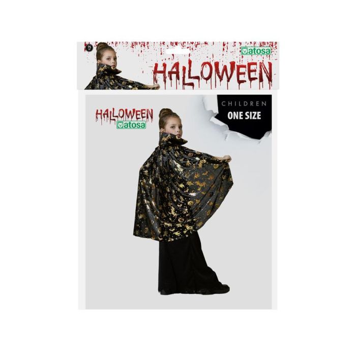 Cape courte noire avec détails dorés et col haut pour Halloween - Longueur 75 cm pour déguisement de sorcier, magicien ou personnage mystique