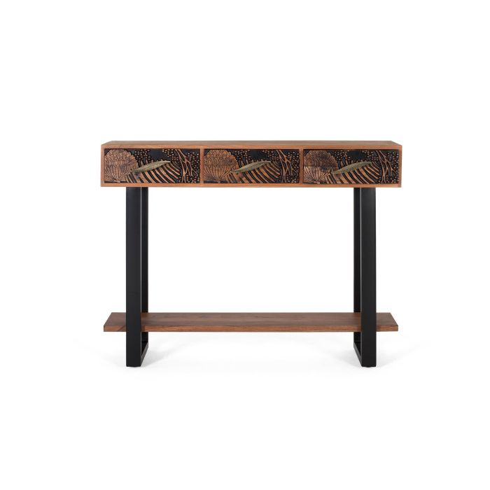 GINER Y COLOMER Console de salon en acacia massif teinté marron 120x35x91 cm, 3 tiroirs, pieds métal noir, finition naturelle et noir, avec patins antidérapants 0 GINER Y COLOMER Console de salon en acacia massif teinté marron 120x35x91 cm, 3 tiroirs, pieds métal noir, finition naturelle et noir, avec patins antidérapants 0