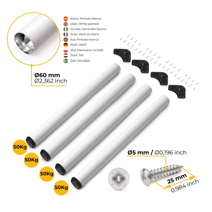 Emuca Lot de 4 pieds de table, diamètre 60mm, H 830mm, Acier, Peint en blanc 8