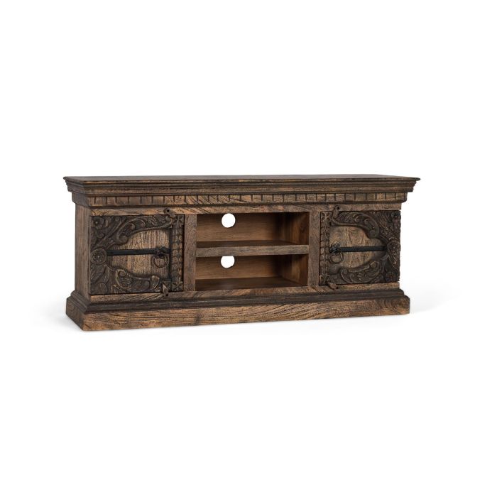 GINER Y COLOMER - Buffet TV en bois de manguier massif avec 2 portes et 2 étagères, finition vieillie marron - Dimensions: porte 32x39 cm, étagère 14 cm 2