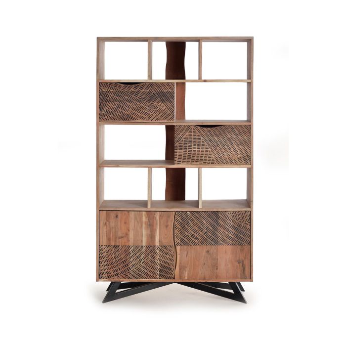 GINER Y COLOMER Estanteria Buffet Bibliothèque en Acacia Massif avec 2 Tiroirs et 2 Portes Sculptées à la Main, Pieds Métal, Finition Naturelle 1 GINER Y COLOMER Estanteria Buffet Bibliothèque en Acacia Massif avec 2 Tiroirs et 2 Portes Sculptées à la Main, Pieds Métal, Finition Naturelle 1