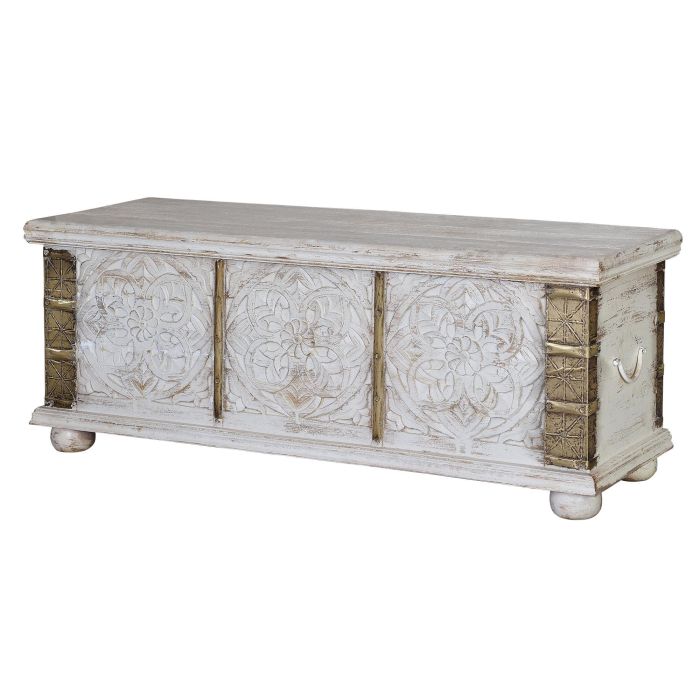 GINER Y COLOMER - Buffet coffre en bois de manguier massif avec sculptures et détails bronze, finition blanc vieilli, 116 x 45 x 40 cm 0 GINER Y COLOMER - Buffet coffre en bois de manguier massif avec sculptures et détails bronze, finition blanc vieilli, 116 x 45 x 40 cm 0