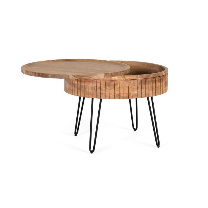 GINER Y COLOMER Table basse ronde en bois de manguier avec plateau coulissant et base en fer noir - Design avec rangement intégré 1
