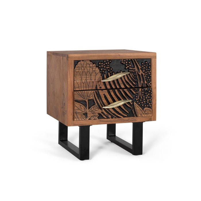 Table de Noche Giner y Colomer 56x50x40 cm en Bois d'Acacia Massif avec 2 Tiroirs et Pieds en Métal Noir, À Monter 1 Table de Noche Giner y Colomer 56x50x40 cm en Bois d'Acacia Massif avec 2 Tiroirs et Pieds en Métal Noir, À Monter 1
