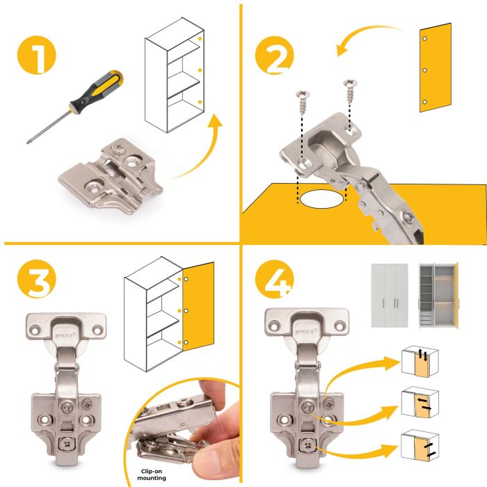 Emuca Lot de 20 charnières droites X91 à fermeture amortie avec embases à visser, Hauteur 0, Acier, Nickelé 7 Emuca Lot de 20 charnières droites X91 à fermeture amortie avec embases à visser, Hauteur 0, Acier, Nickelé 7