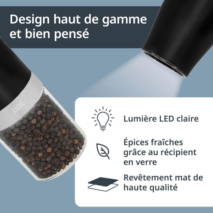 Lot de 2 Moulins électrique - ADE - MILL - Verre/Synthétique - H 18,3 cm - Noir & Blanc 4