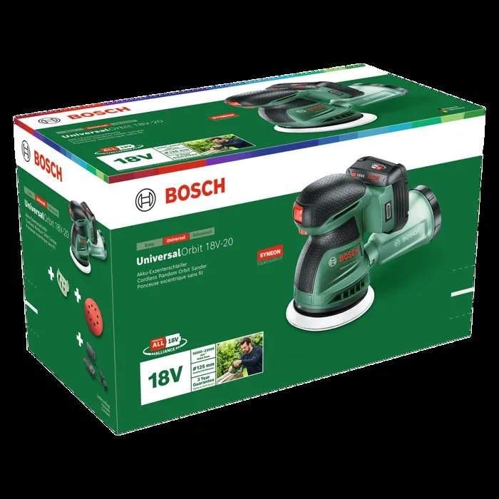 Bosch Ponceuse excentrique sans fil UniversalOrbit 18V-20, 125 mm, 1 batterie 2.0 Ah + chargeur, Systeme POWER FOR ALL 18V
