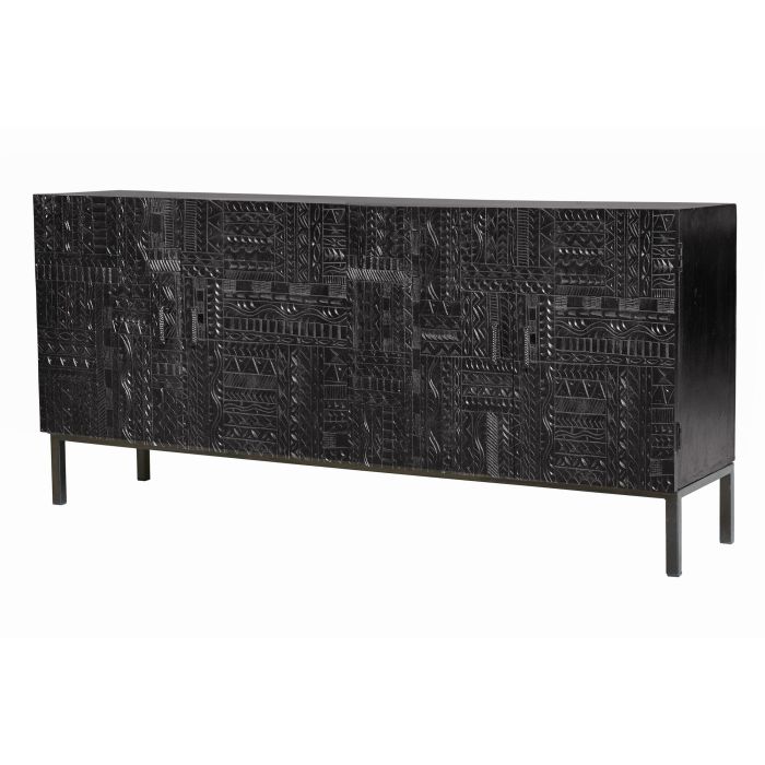 GINER Y COLOMER - Buffet en bois de manguier massif avec pattes en fer noir, portes sculptées de hiéroglyphes - Dimensions : 160 x 40 x 85 cm 1